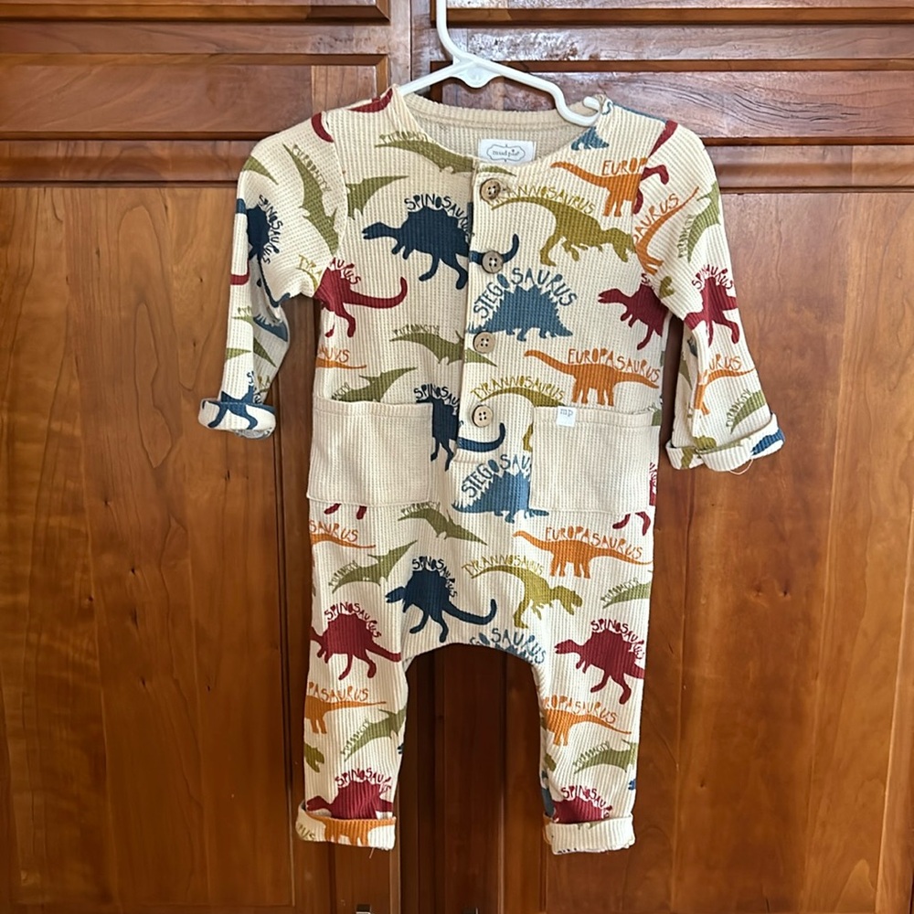 Adorable buttoned waffle Dino print onesie